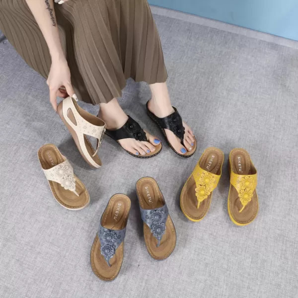 Lazzy Womens Wedge Sandals Platform Flip Flops Beach Sandals Arch Support Comfortable Casual Summer Shoes Bohemia Flowers Thong Wedges for WomenBlack