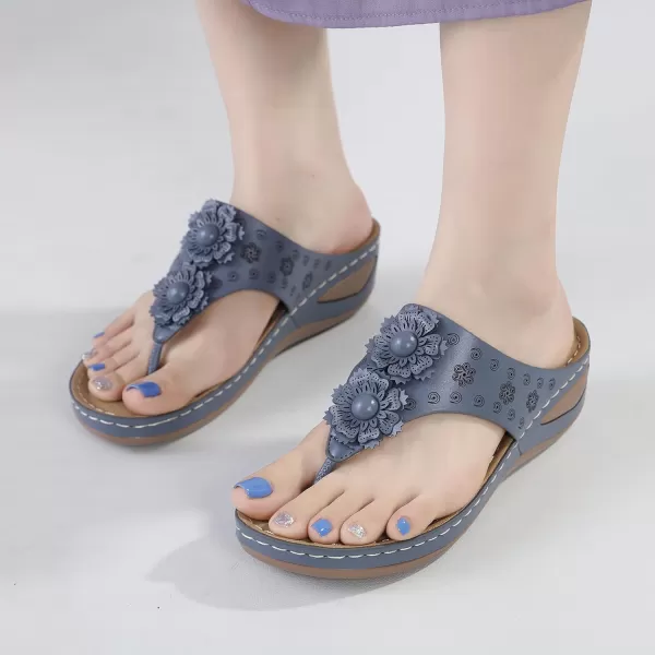Lazzy Womens Wedge Sandals Platform Flip Flops Beach Sandals Arch Support Comfortable Casual Summer Shoes Bohemia Flowers Thong Wedges for WomenBlue