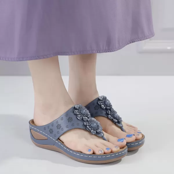 Lazzy Womens Wedge Sandals Platform Flip Flops Beach Sandals Arch Support Comfortable Casual Summer Shoes Bohemia Flowers Thong Wedges for WomenBlue
