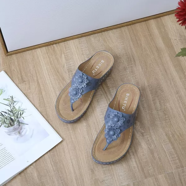 Lazzy Womens Wedge Sandals Platform Flip Flops Beach Sandals Arch Support Comfortable Casual Summer Shoes Bohemia Flowers Thong Wedges for WomenBlue