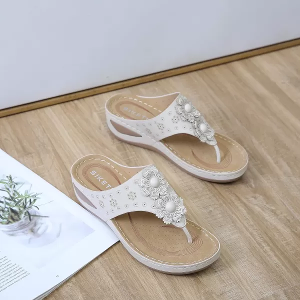 Lazzy Womens Wedge Sandals Platform Flip Flops Beach Sandals Arch Support Comfortable Casual Summer Shoes Bohemia Flowers Thong Wedges for WomenWhite