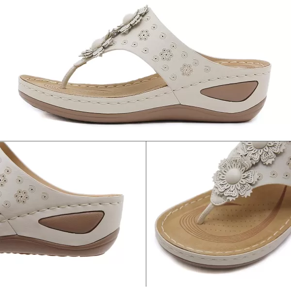 Lazzy Womens Wedge Sandals Platform Flip Flops Beach Sandals Arch Support Comfortable Casual Summer Shoes Bohemia Flowers Thong Wedges for WomenWhite