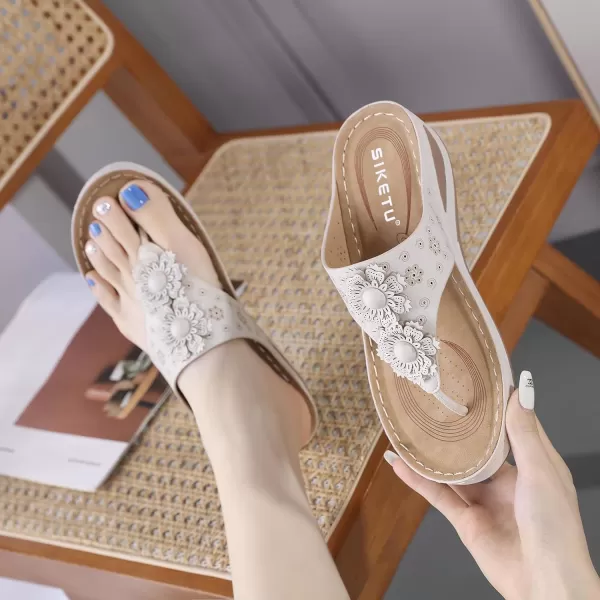 Lazzy Womens Wedge Sandals Platform Flip Flops Beach Sandals Arch Support Comfortable Casual Summer Shoes Bohemia Flowers Thong Wedges for WomenWhite