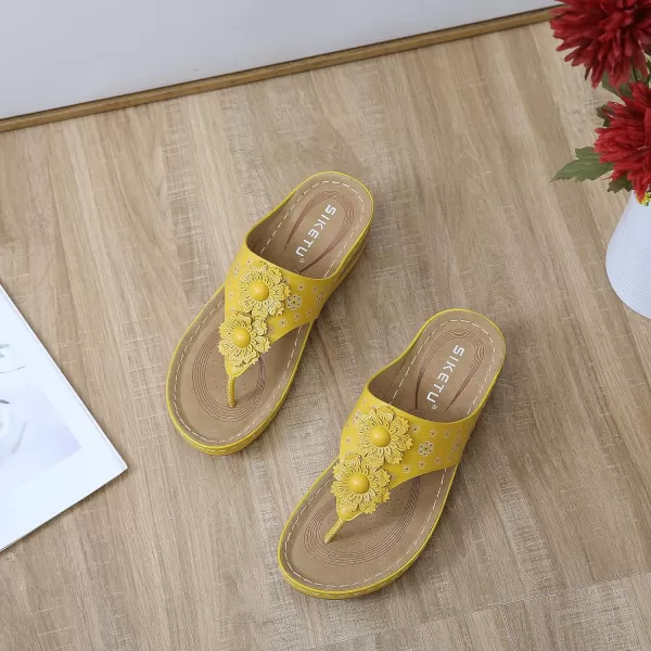 Lazzy Womens Wedge Sandals Platform Flip Flops Beach Sandals Arch Support Comfortable Casual Summer Shoes Bohemia Flowers Thong Wedges for WomenYellow