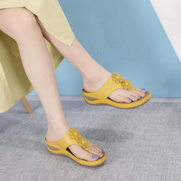 Lazzy Womens Wedge Sandals Platform Flip Flops Beach Sandals Arch Support Comfortable Casual Summer Shoes Bohemia Flowers Thong Wedges for WomenYellow