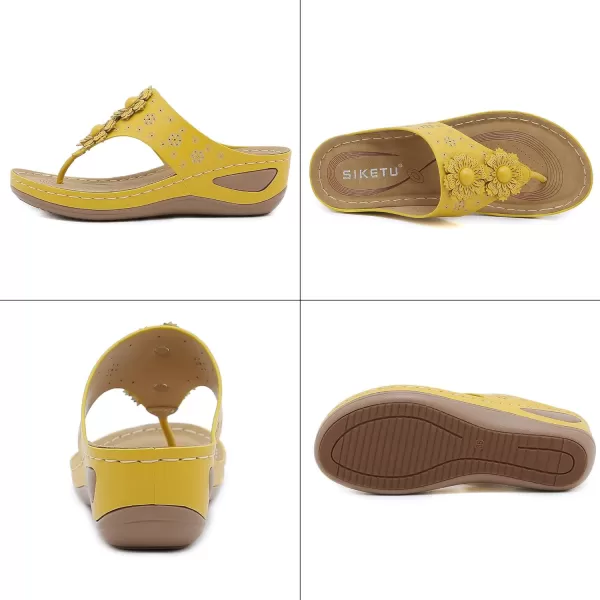 Lazzy Womens Wedge Sandals Platform Flip Flops Beach Sandals Arch Support Comfortable Casual Summer Shoes Bohemia Flowers Thong Wedges for WomenYellow