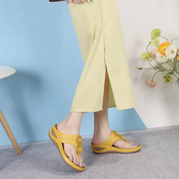 Lazzy Womens Wedge Sandals Platform Flip Flops Beach Sandals Arch Support Comfortable Casual Summer Shoes Bohemia Flowers Thong Wedges for WomenYellow