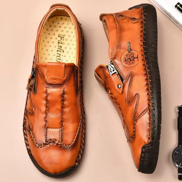 Mens Loafers Shoes Causal Slip On Loafers Leather Driving Oxfords Shoes Handmade Flats Classic Comfortable Work Shoes for Men OutdoorRedBrown