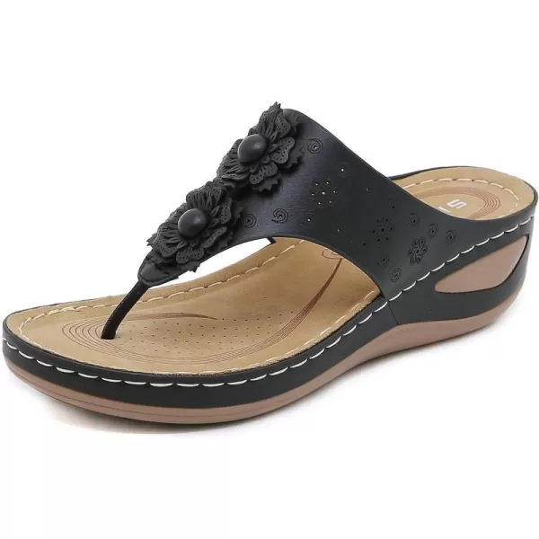 Lazzy Womens Wedge Sandals Platform Flip Flops Beach Sandals Arch Support Comfortable Casual Summer Shoes Bohemia Flowers Thong Wedges for WomenBlack