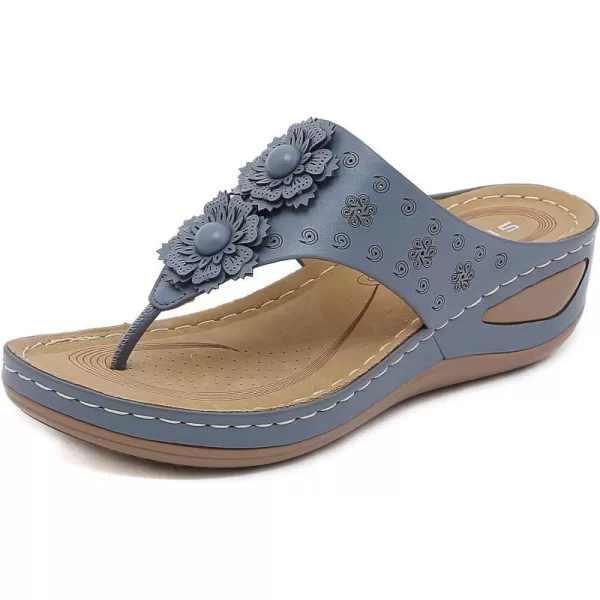 Lazzy Womens Wedge Sandals Platform Flip Flops Beach Sandals Arch Support Comfortable Casual Summer Shoes Bohemia Flowers Thong Wedges for WomenBlue