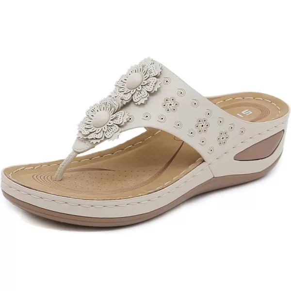 Lazzy Womens Wedge Sandals Platform Flip Flops Beach Sandals Arch Support Comfortable Casual Summer Shoes Bohemia Flowers Thong Wedges for WomenWhite