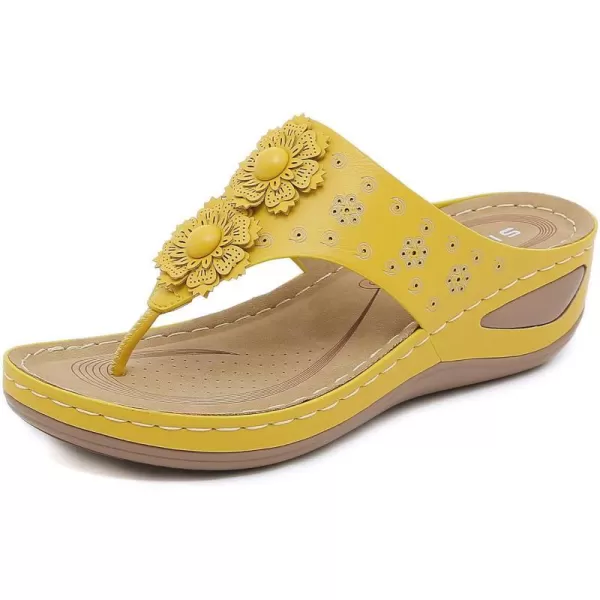 Lazzy Womens Wedge Sandals Platform Flip Flops Beach Sandals Arch Support Comfortable Casual Summer Shoes Bohemia Flowers Thong Wedges for WomenYellow