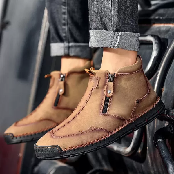 Lazzy Mens Shoes Zipper Boots for Men Leather Casual Ankle Chukka Boots Fashion Dress Oxfords Comfortable Walking ShoesKhaki
