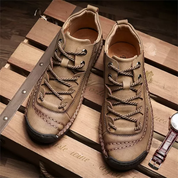 Lazzy Mens Slip On Shoes Pu Leather Casual Loafers Hand Stiching Chukka Boots Fashion Oxfords Shoes Vintage Walking Driving Shoes for MaleKhaki