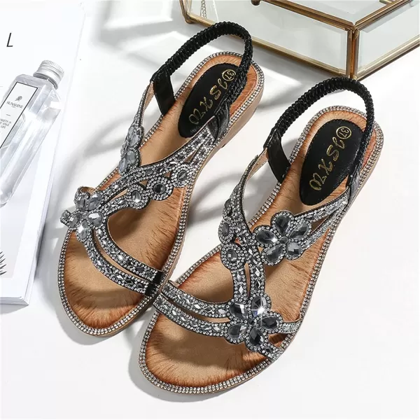 Lazzy Womens Rhinstone Flat Sandals Bohemian Beaded Glitter Dress Sandals Elastic Band Flats Summer Beach Shoes US Size 511 Black Pink ColorsBlack