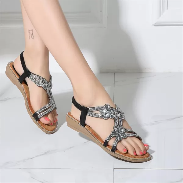 Lazzy Womens Rhinstone Flat Sandals Bohemian Beaded Glitter Dress Sandals Elastic Band Flats Summer Beach Shoes US Size 511 Black Pink ColorsBlack