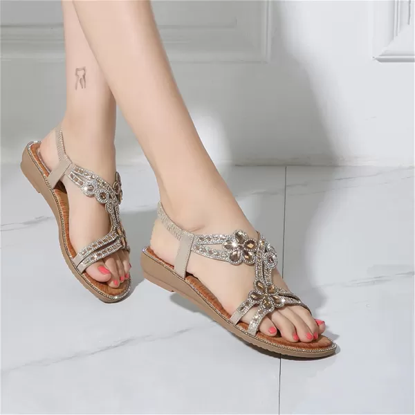 Lazzy Womens Rhinstone Flat Sandals Bohemian Beaded Glitter Dress Sandals Elastic Band Flats Summer Beach Shoes US Size 511 Black Pink ColorsGolden
