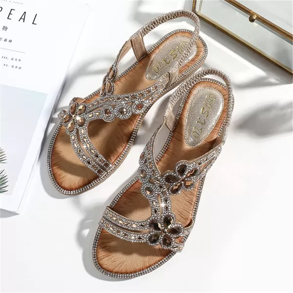 Lazzy Womens Rhinstone Flat Sandals Bohemian Beaded Glitter Dress Sandals Elastic Band Flats Summer Beach Shoes US Size 511 Black Pink ColorsGolden