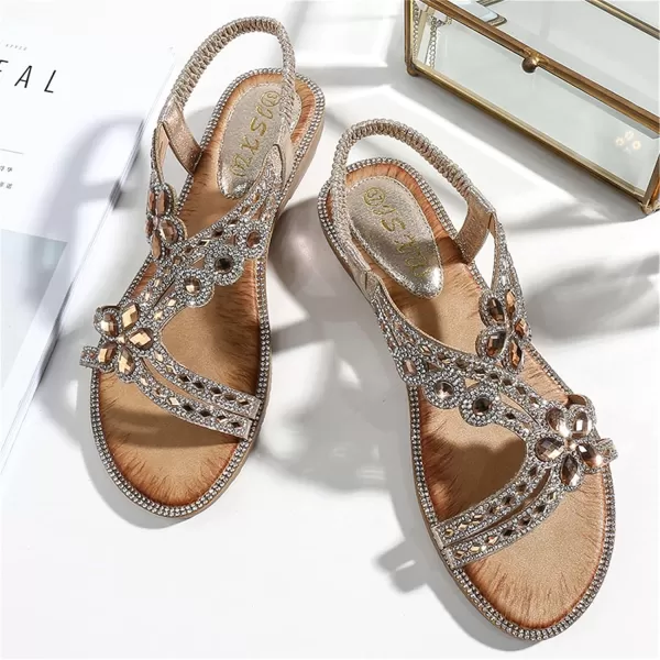 Lazzy Womens Rhinstone Flat Sandals Bohemian Beaded Glitter Dress Sandals Elastic Band Flats Summer Beach Shoes US Size 511 Black Pink ColorsGolden