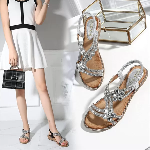 Lazzy Womens Rhinstone Flat Sandals Bohemian Beaded Glitter Dress Sandals Elastic Band Flats Summer Beach Shoes US Size 511 Black Pink ColorsSilver