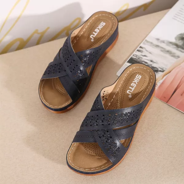 Lazzy Womens Slide Sandals Wedge Platform Summer Beach Sandals Crisscross Casual Wedge Shoes for WomenDark Blue