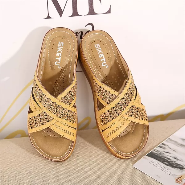 Lazzy Womens Slide Sandals Wedge Platform Summer Beach Sandals Crisscross Casual Wedge Shoes for WomenYellow