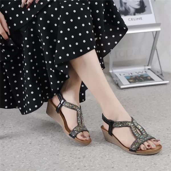Lazzy Womens Wedge Sandals Strappy Platform Wedge Heels Bohemia Rhinestone Dress Sandals Open Toe Casual Summer Beach Shoes for WomenBlack