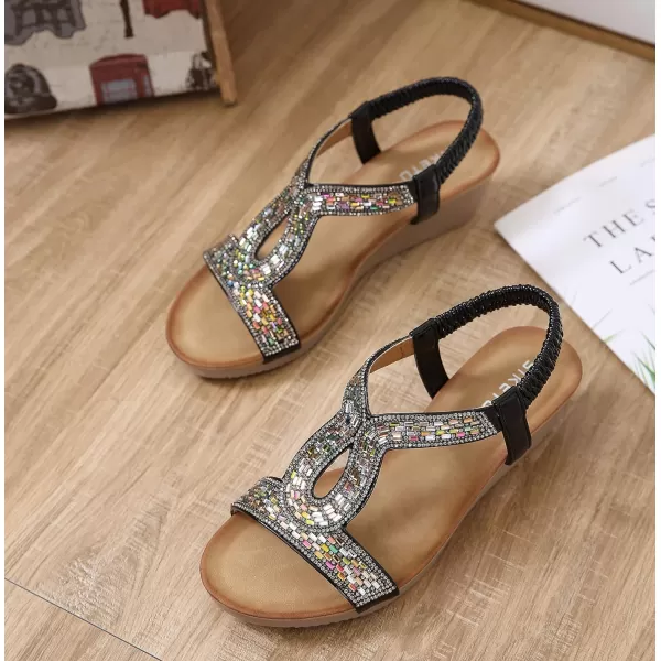 Lazzy Womens Wedge Sandals Strappy Platform Wedge Heels Bohemia Rhinestone Dress Sandals Open Toe Casual Summer Beach Shoes for WomenBlack