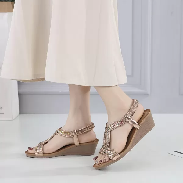 Lazzy Womens Wedge Sandals Strappy Platform Wedge Heels Bohemia Rhinestone Dress Sandals Open Toe Casual Summer Beach Shoes for WomenChampagne