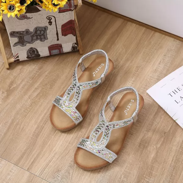 Lazzy Womens Wedge Sandals Strappy Platform Wedge Heels Bohemia Rhinestone Dress Sandals Open Toe Casual Summer Beach Shoes for WomenSilver