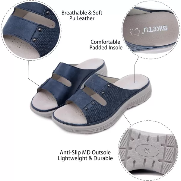 Lazzy Womens Wedge Slide Sandals Slip On Open Toe Plaform Sandals Comfortable Casual Summer ShoesBlue