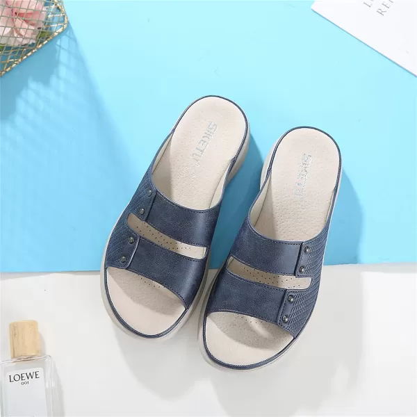 Lazzy Womens Wedge Slide Sandals Slip On Open Toe Plaform Sandals Comfortable Casual Summer ShoesBlue