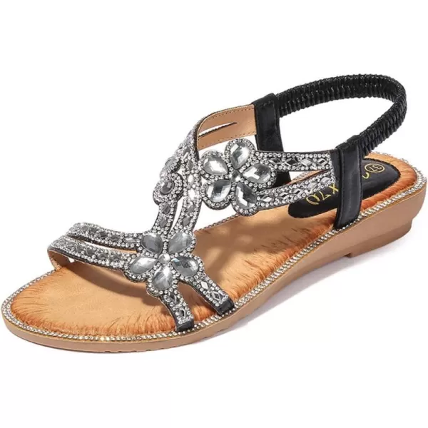 Lazzy Womens Rhinstone Flat Sandals Bohemian Beaded Glitter Dress Sandals Elastic Band Flats Summer Beach Shoes US Size 511 Black Pink ColorsBlack