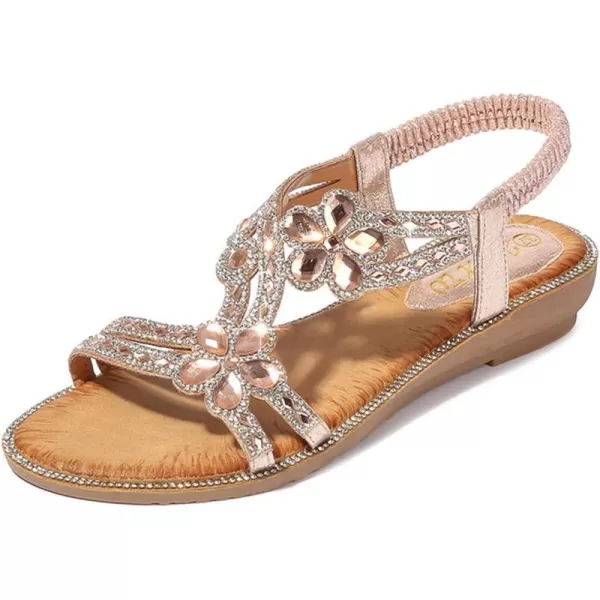 Lazzy Womens Rhinstone Flat Sandals Bohemian Beaded Glitter Dress Sandals Elastic Band Flats Summer Beach Shoes US Size 511 Black Pink ColorsPink