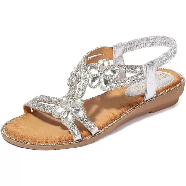 Lazzy Womens Rhinstone Flat Sandals Bohemian Beaded Glitter Dress Sandals Elastic Band Flats Summer Beach Shoes US Size 511 Black Pink ColorsSilver