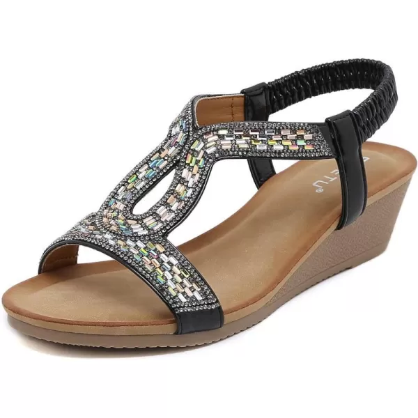 Lazzy Womens Wedge Sandals Strappy Platform Wedge Heels Bohemia Rhinestone Dress Sandals Open Toe Casual Summer Beach Shoes for WomenBlack
