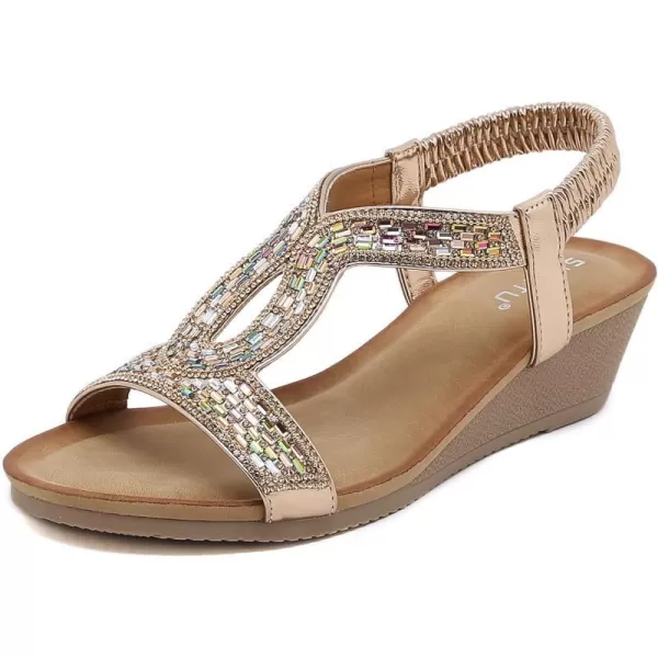 Lazzy Womens Wedge Sandals Strappy Platform Wedge Heels Bohemia Rhinestone Dress Sandals Open Toe Casual Summer Beach Shoes for WomenChampagne