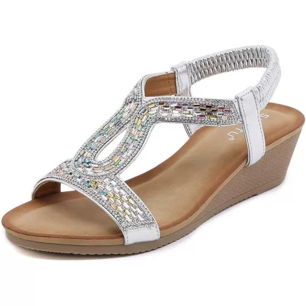 Lazzy Womens Wedge Sandals Strappy Platform Wedge Heels Bohemia Rhinestone Dress Sandals Open Toe Casual Summer Beach Shoes for WomenSilver