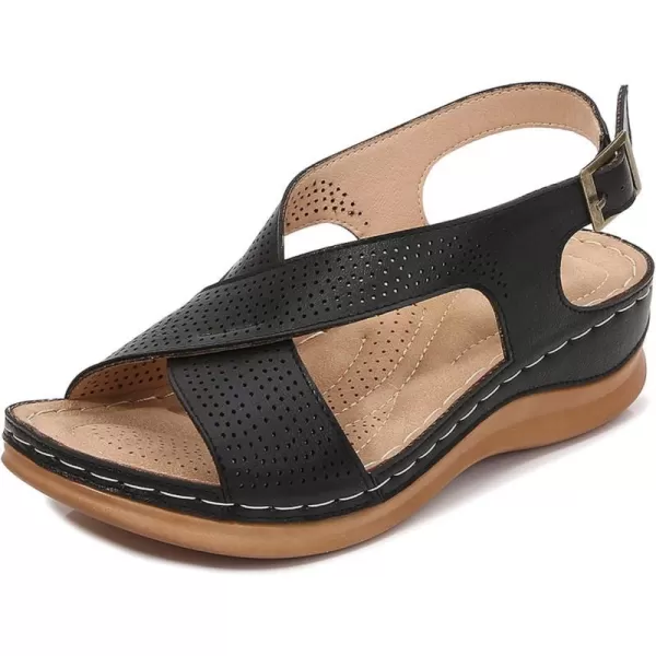 zevanjewel Wedges for Women Open Toe Leather Sandals Platform Wedge Sandals Ankle Strap Dress Shoes Comfortable Low Heels Summer ShoesBlack