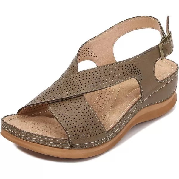 zevanjewel Wedges for Women Open Toe Leather Sandals Platform Wedge Sandals Ankle Strap Dress Shoes Comfortable Low Heels Summer ShoesKhaki