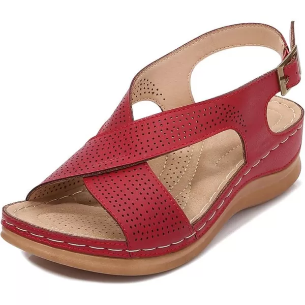 zevanjewel Wedges for Women Open Toe Leather Sandals Platform Wedge Sandals Ankle Strap Dress Shoes Comfortable Low Heels Summer ShoesRed
