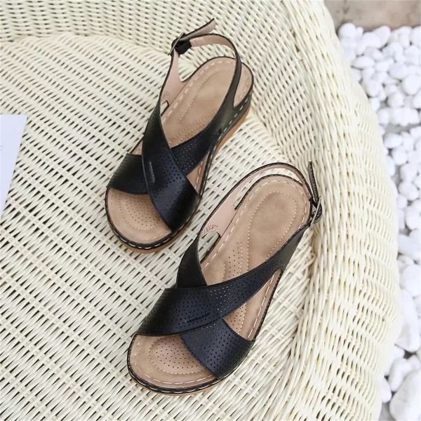 zevanjewel Wedges for Women Open Toe Leather Sandals Platform Wedge Sandals Ankle Strap Dress Shoes Comfortable Low Heels Summer ShoesBlack