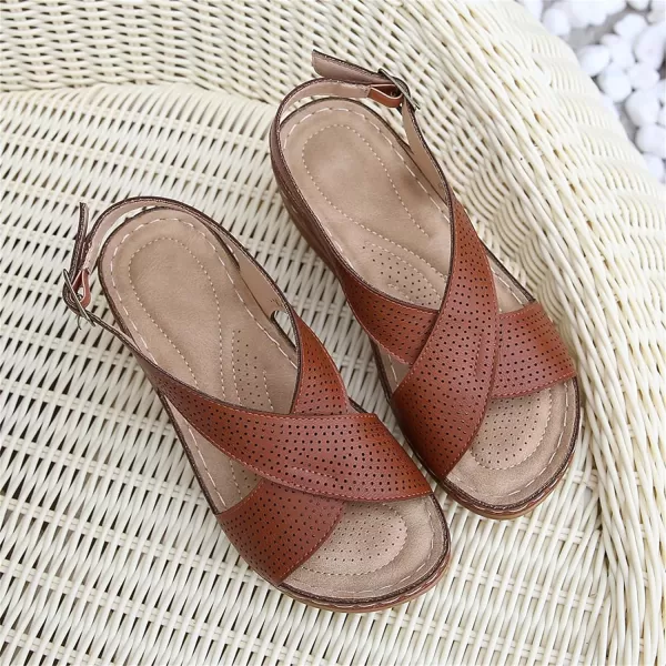 zevanjewel Wedges for Women Open Toe Leather Sandals Platform Wedge Sandals Ankle Strap Dress Shoes Comfortable Low Heels Summer ShoesBrown