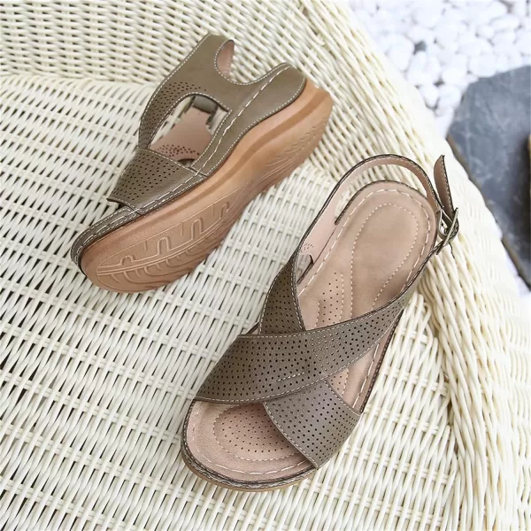 zevanjewel Wedges for Women Open Toe Leather Sandals Platform Wedge Sandals Ankle Strap Dress Shoes Comfortable Low Heels Summer ShoesKhaki