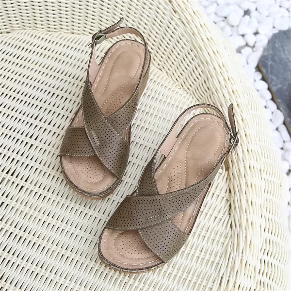 zevanjewel Wedges for Women Open Toe Leather Sandals Platform Wedge Sandals Ankle Strap Dress Shoes Comfortable Low Heels Summer ShoesKhaki