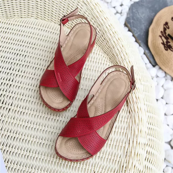 zevanjewel Wedges for Women Open Toe Leather Sandals Platform Wedge Sandals Ankle Strap Dress Shoes Comfortable Low Heels Summer ShoesRed