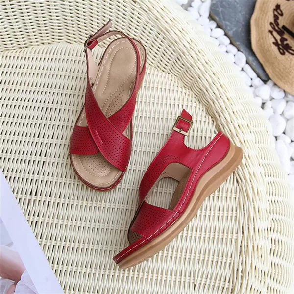 zevanjewel Wedges for Women Open Toe Leather Sandals Platform Wedge Sandals Ankle Strap Dress Shoes Comfortable Low Heels Summer ShoesRed