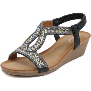 imageLazzy Womens Wedge Sandals Strappy Platform Wedge Heels Bohemia Rhinestone Dress Sandals Open Toe Casual Summer Beach Shoes for Women Black Size 10