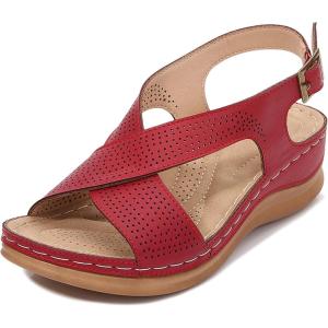imageWedges for Women Open Toe Leather Sandals Platform Wedge Sandals Ankle Strap Dress Shoes Comfortable Low Heels Summer Shoes Red Size 11