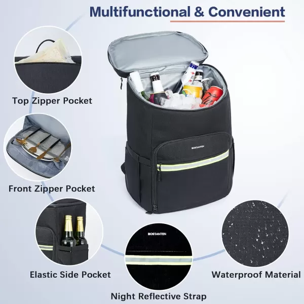BOSTANTEN Cooler Bag, 30 Cans 20L Collapsible Soft Cooler Bag, Leakproof Beach Cooler Bag Portable Ice Chest with Bottle Opener, Insulated Lunch Bag for Picnic, Beach, Camping, Travel, Work, Black